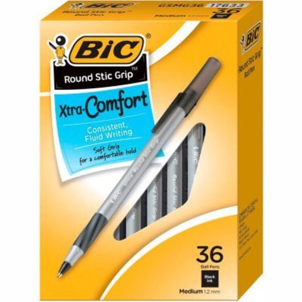 Bic BIC® Round Stic Grip Xtra Comfort Ballpoint Pen, Black, 1.2mm, Medium, 36/Pack GSMG361BK